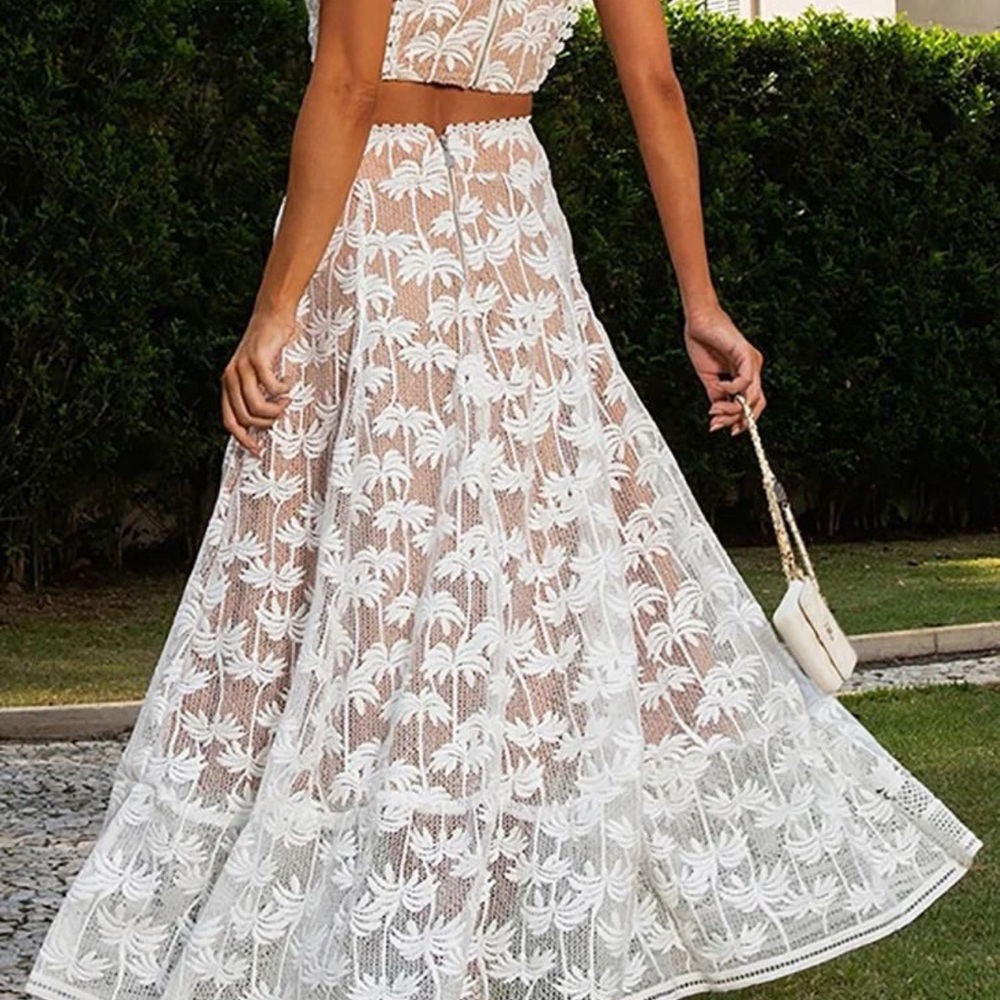 Elegant White Lace Midi Skirt | Palm Embroidered | Size L - Picture 3 of 7
